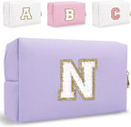 Small Personalized Letter Makeup Bag, Cute PU Leather Chenille Letters Cosmetic Bag Travel Makeup Pouch, Preppy Travel Organizer Zipper Pouch for Women&Girls（Purple-N）