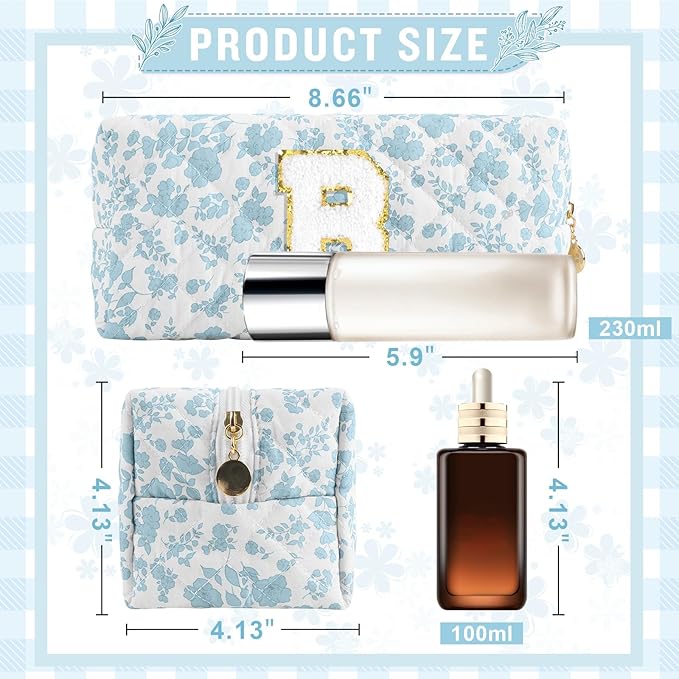 Personalized Quilted Cosmetic Bag, Puffy Monogrammed Christmas Birthday Gifts for Women & Girls, Cute initial Floral Makeup Bag Puffer Coquette Bag, Aesthetic Travel Toiletry Zipper Pouch(Blue,B)