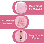 Personalized Initial A-Z Preppy Patch Makeup Bag,Small PU Leather Chenille Letter Cosmetic Bag with Zipper for Teen Girls,Pink Cute Travel Toiletry Bag,Birthday Monogrammed Gift for Daughter,Letter A