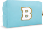Small Initial Preppy Makeup Bag Organizer, Blue Cute Chenille Letter Make Up Cosmetic Zipper Pouch Toiletry Bags for Traveling, Waterproof PU Makeup Case Personalized Gifts for Bachelorette(Letter B)