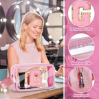 Initial Makeup Bag,Letter G Cute Clear Monogrammed Cosmetic Travel Bag for Womens Girls,Personalized Pink Aesthetic Traveling Make Up Organizer Bag for Beach,Waterproof Toiletry Bag