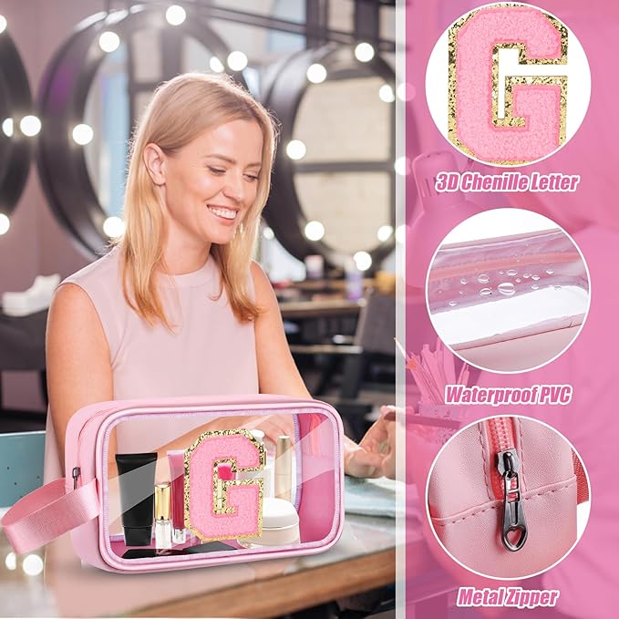 Initial Makeup Bag,Letter G Cute Clear Monogrammed Cosmetic Travel Bag for Womens Girls,Personalized Pink Aesthetic Traveling Make Up Organizer Bag for Beach,Waterproof Toiletry Bag