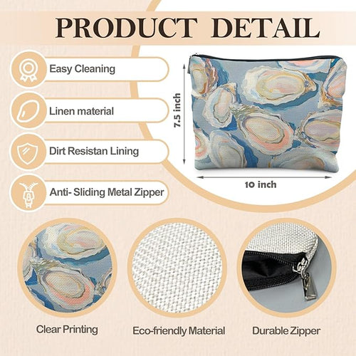 Abstract Blue Oyster Beach Makeup Bag, Oyster Gifts Cosmetic Bags for Women, Gifts for Beach Ocean Lovers, Coastal Pastel Oysters Shell Zipper Makeup Pouch