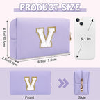 Personalized Initial Preppy Patch Makeup Bag, Cute Purple Cosmetic Organizer Travel Toiletry Zipper Pouch Small Makeup Bag for Purse,PU Leather Make Up Storage Valentines Day Gifts for Women(Letter V)