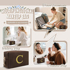 Personalized Initial Makeup Bag,Preppy Suede Cosmetic Bag for Teen Girls,Small Monogram Travel Toiletry Bag With Gold Embroidered Letter,Trendy Stuff Custom Christmas Gift for Women(Coffee-C)