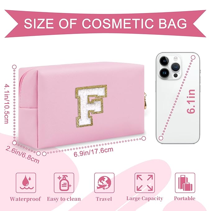 Personalized Initial A-Z Preppy Patch Makeup Bag,Small PU Chenille Letter Cosmetic Bag with Zipper for Teen Girls,Pink Cute Toiletry Organizer Bag,Monogram Makeup Case Gift for Women Girls,Letter F