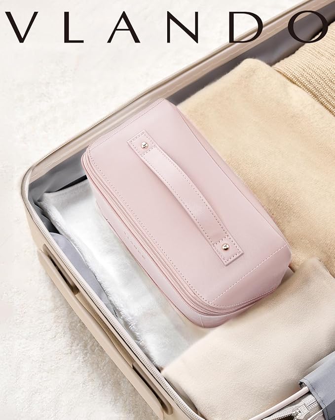 Vlando Makeup Bag,Large Capacity Toiletry Bag for Women Waterproof Portable Make up Pouch PU Leather Open Flat Cosmetic Bag(Peach Pink)