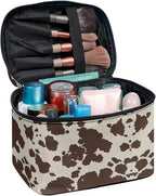 Cute Brown Cow Cowhide Design Travel Makeup Bags for Women and Portable Tote Cosmetic Case with Carry Handle Toiletry Accessories Storage Organizer Bags