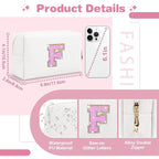 Small Initial Patch Makeup Bag Personalized Gifts Make Up Bag,White Cute PU Leather Glitter Letter Cosmetic Bag with Zipper,Trendy Portable Travel Toiletry Pouch,Preppy Stuff for Teen Girls Women F