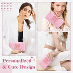 Personalized Initial A-Z Preppy Patch Makeup Bag,Small PU Leather Chenille Letter Cosmetic Bag with Zipper for Teen Girls,Pink Cute Travel Toiletry Bag,Birthday Monogrammed Gift for Daughter,Letter M