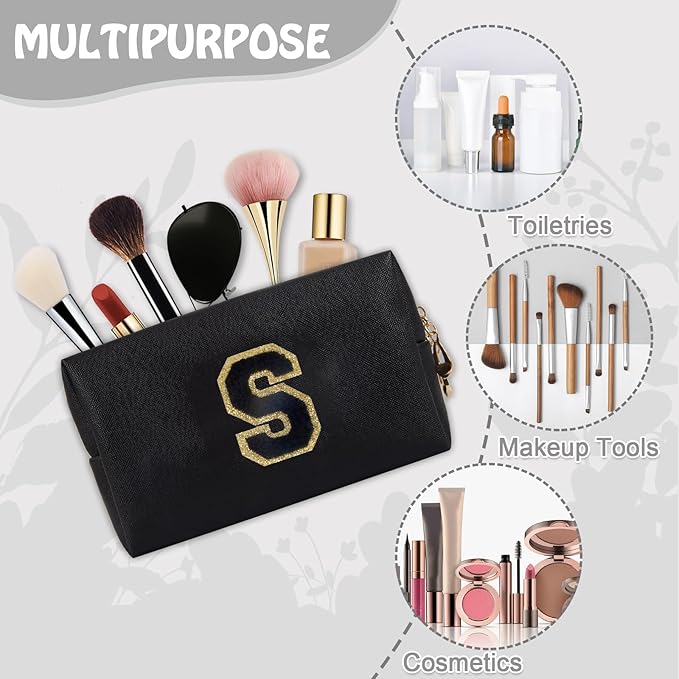 Small Travel Initial Preppy Makeup Bag, Cute Black Cosmetic Organizer Toiletry Zipper Pouch Make Up Bag for Purse, Waterproof Chenille Letter Make Up Storage Personalized Gift for Sister Mom(Letter S)