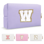 Personalized Makeup Bag Initial A-Z Preppy Patch Bag,Small PU Leather Travel Cosmetic Bag Pouch with Zipper,Purple Cute Toiletry Bag,Gift Ideal for Teen Girls Women Birthday Friend Mom,Latter W