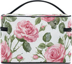 Makeup Train Case Leaves Flower Rose Pattern Carrying Portable Zip Travel Cosmetic Brush Bag Organizer Large for Women