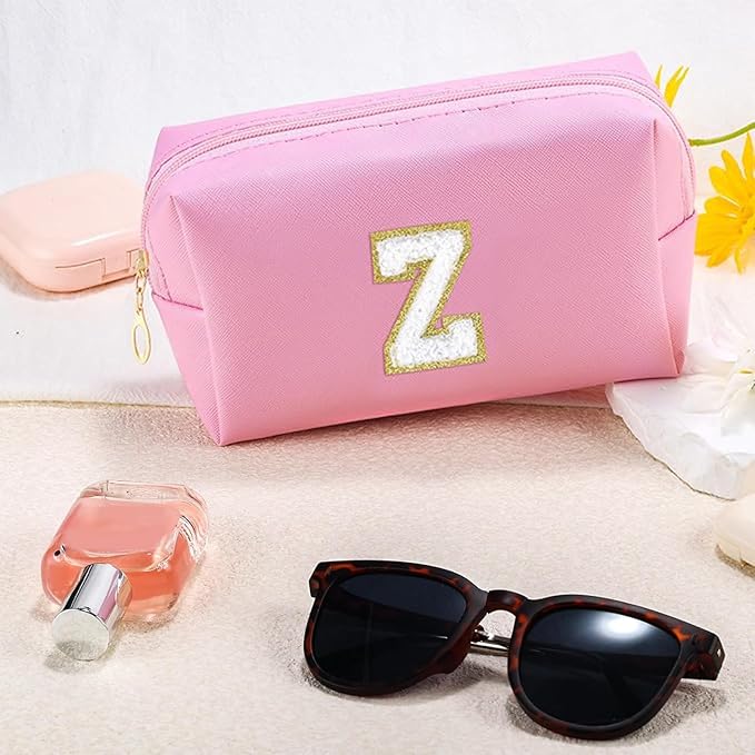 Initial Makeup Bag Personalized Preppy Travel Small Cosmetic Bag Cute PU Pink Chenille Letter Makeup Pouch for Purse Waterproof Zippered Toiletry Organizer for Women Girls Kids Friends (Z)