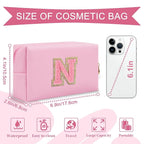 Personalized Initial A-Z Preppy Patch Makeup Bag,Small PU Leather Chenille Letter Cosmetic Bag with Zipper for Teen Girls,Pink Cute Travel Toiletry Bag,Birthday Monogrammed Gift for Daughter,Letter V