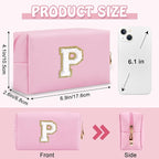 Personalized Initial Preppy Makeup Bag Organizer, Pink Small Travel Cosmetic Bag Monogram Toiletry Zipper Pouch for Women, Portable Waterproof PU Makeup Case for Women Friends Party Gift(Letter P)