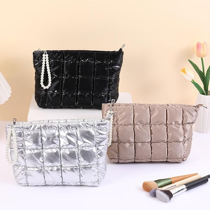 Puffer Quilted Makeup Bag Travel Cosmetic Bag Portable Puffy Checkered Toiletry Pouch Skincare Organizer Purse Pencil Case (Champagne Gold)