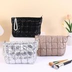 Puffer Quilted Makeup Bag Travel Cosmetic Bag Portable Puffy Checkered Toiletry Pouch Skincare Organizer Purse Pencil Case (Sky Blue)