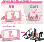 Initial Makeup Bag,Letter L Cute Clear Monogrammed Cosmetic Travel Bag for Womens Girls,Personalized Pink Aesthetic Traveling Make Up Organizer Bag for Beach,Waterproof Toiletry Bag