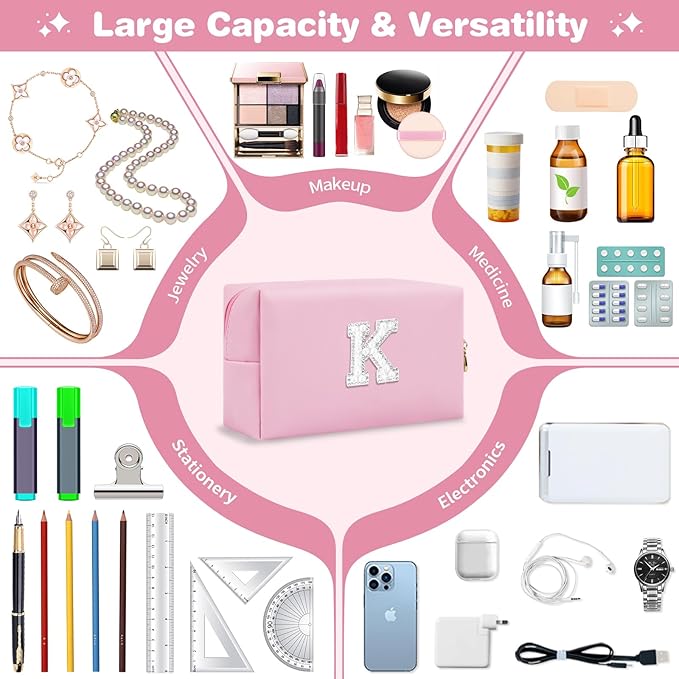 ChaoGreat Bride Gifts – Personalized Initial Makeup Bag with Pearl Rhinestone Patch, Preppy Pink Monogram Cosmetic/Toiletry Pouch, bridesmaid Gifts, Bridal Shower Gifts, Wedding Gifts, Bridal Gifts,K