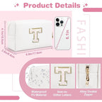 Small Initial Patch Makeup Bag Personalized Gifts Make Up Bag,White Cute PU Leather Glitter Letter Cosmetic Bag with Zipper,Trendy Portable Travel Toiletry Pouch,Preppy Stuff for Teen Girls Women T