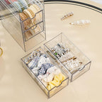 FABROK Clear Hair Accessory Organizer Box with 4 Drawers, Compact Storage Organization Drawers Set for Cosmetics, Glasses, Stationery, Stackable Storage Containers Box for Bathroom, Closet, Desk, Office