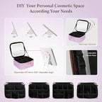 Travel Makeup Bag with LED Lighted Mirror, Cosmetic Makeup Organizer Bag with 3 Color Setting, Makeup Train Case with Adjustable Dividers for Women Makeup Brushes Jewelry Accessories