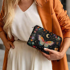 COEQINE Gothic Cosmetic Purses Leather Case for Women Trendy Butterfly Moon Goth Cosmetic Bags for Women Travel Black Floral Makeup Organizer Pouch With Zipper