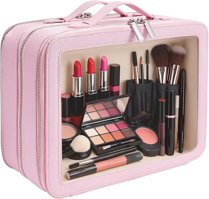 Clear Makeup Bag,Large Toiletry Case for Women,PU Leather Travel Cosmetic Bag,Detachable Makeup Case,Double Compartment Make up Organizer