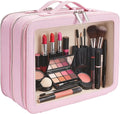 Clear Makeup Bag,Large Toiletry Case for Women,PU Leather Travel Cosmetic Bag,Detachable Makeup Case,Double Compartment Make up Organizer