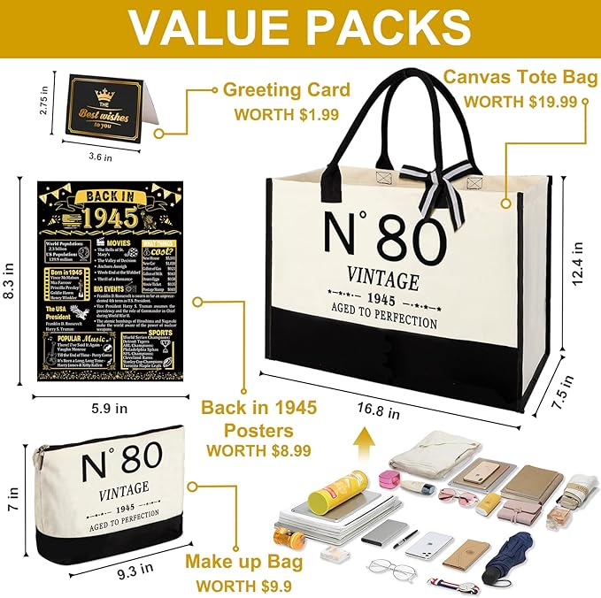 80th Birthday Gifts for Women Canvas Tote Bag Travel Gear, Unique 80 Years Old Gifts for Wife Sister Mom Aunt Friends Her, Vintage N°80 Handbag & Cosmetic Bag & Back in 1945 Poster