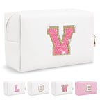 Small Personalized Initial A-Z Patch Makeup Bag,White Cute PU Leather Glitter Letter Cosmetic Bag for Teen Girls,Travel Toiletry Bag with Zipper,Preppy Monogrammed Birthday Gift for Daughter Niece V