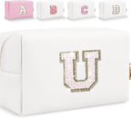 Small Personalized Glitter Initial Letter Makeup Bag, Cute PU Leather Chenille Letters Cosmetic Bag Travel Makeup Pouch, Preppy Travel Organizer Zipper Pouch for Women&Girls（White-U）