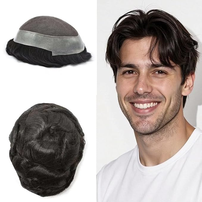FACE MIRACLE Mens Toupee Lace Front Hairpieces Soft Human Hair Replacement System Natural Hairline Toupee for Men French Lace Poly V-Looped Mens hair Units 6"X8" 1B# OFF BLACK
