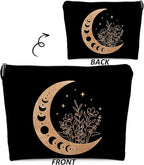 Boho Floral Celestial Crescent Moon Phase Makeup Bag, Mystical Crescent Moon Linen Makeup Travel Toiletry Bag, Abstract Floral Moon Cosmetic Bag Gifts For Girls Women Daughter Sister