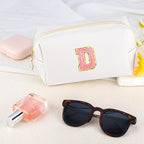 Initial Makeup Bag Personalized Preppy Travel Small Cosmetic Bag Cute PU White Chenille Letter Makeup Pouch for Purse Waterproof Zippered Toiletry Organizer for Women Girls Kids Friends (D)