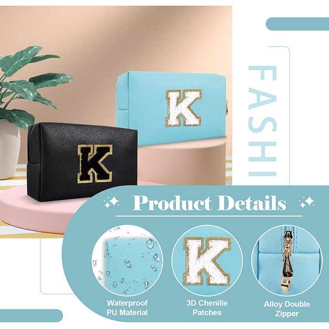 Small Personalized Initial A-Z Preppy Patch Makeup Bag,PU Chenille Letter Travel Cosmetic Pouch with Zipper,Blue Cute Toiletry Bag,Gift Ideal for Teen Girls Women Teacher Bridesmaid,Letter K