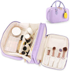 Travel Makeup Bag for Women Fashion Large Capacity Pouch Open Flat Cosmetic Portable Organizer Waterproof Large Opening Storage Toiletry Bags Vertical Free-Standing Brush Holder for Easy Access Purple