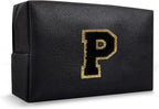 Personalized Initial Preppy Makeup Bag Organizer, Black Small Monogram Cosmetic Bag Travel Toiletry Zipper Pouch for Women, PU Leather Waterproof Make Up Case Proposal Gift for Brides Female(Letter P)