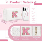Small Initial Patch Makeup Bag Personalized Gifts Make Up Bag,White Cute PU Leather Glitter Letter Cosmetic Bag with Zipper,Trendy Portable Travel Toiletry Pouch,Preppy Stuff for Teen Girls Women K