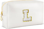 Gifts for Girls Initial Makeup Bag Personalized Cosmetic Bag with Zipper Cute Travel Toiletry Bags Waterproof PU Preppy Makeup Pouch Birthday Gift for Teen Girls Women(White L)