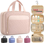 HOTOR Travel Toiletry Bag for Women & Men, Waterproof Makeup Bag with Hanging Hook and Multiple Pockets, Cosmetic Bags for Women, Travel Essentials, 12.6'' x 4.3'' x 9.9'', Pale Pink
