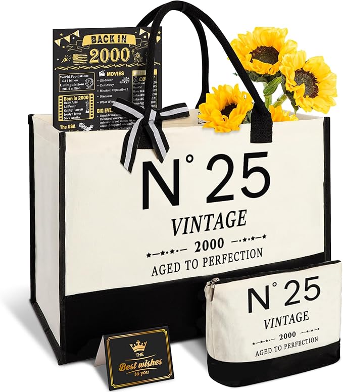 25th Birthday Gifts for Women Canvas Tote Bag Travel Gear,Unique 25 Years Old Gifts for Girlfriend Sister Coworker Friends Classmate Her, Vintage N°25 Handbag & Cosmetic Bag & Back in 2000 Poster
