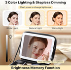 Travel Makeup Bag with LED Mirror, Large 12 Inch Cosmetic Train Case with Jewelry Organizer, 10X Magnifying Mirror, Adjustable Dividers for Cosmetics Makeup Brushes Toiletry, Includes 6 Velvet Pouches