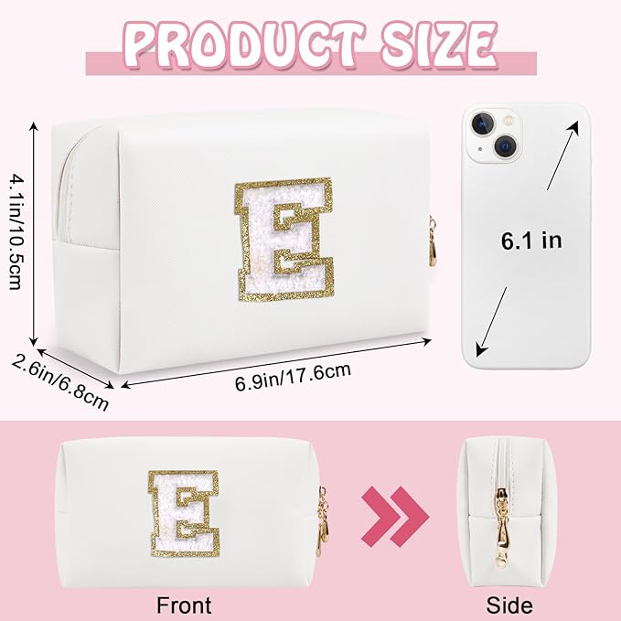 Personalized Chenille Letter Preppy Makeup Bag, Small Cute Travel Cosmetic Bag Initial Toiletry Zipper Pouch Monogram Makeup Storage, Waterproof Makeup Case Travel Essentials for Friend Mom(Letter E)