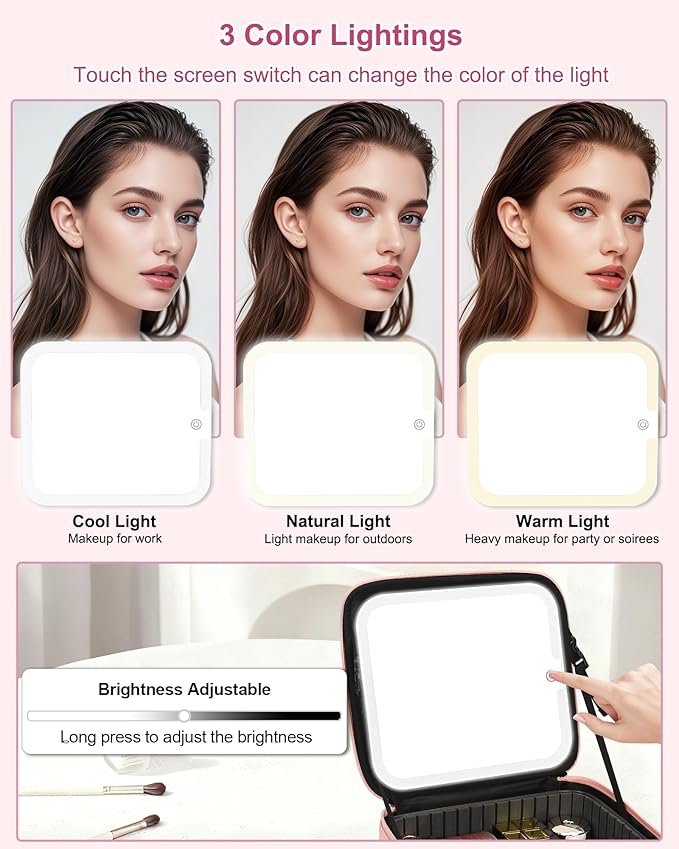 Relavel Initial Makeup Bag with LED Mirror for Women Girls, Personalized Travel Cosmetic Organizer Train Case, Birthday Gifts for Grandkids Bridesmaid Graduation Teacher Friends, Trendy Stuff, Pink F