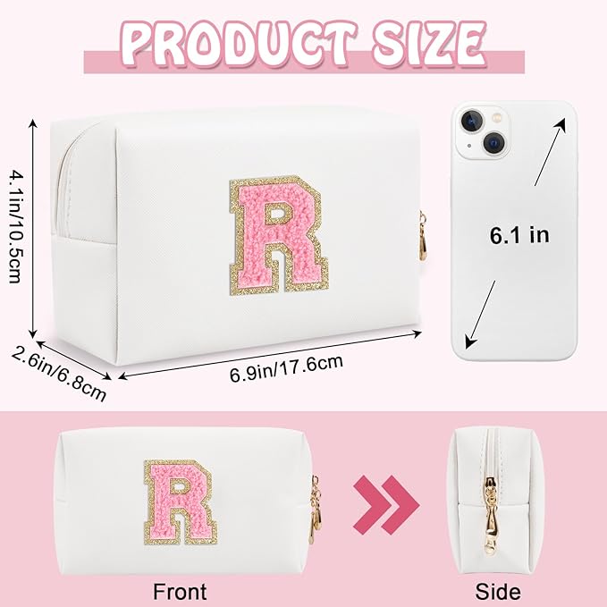 Small Travel Initial Preppy Makeup Bag, Personalized White Cute Cosmetic Organizer Chenille Letter Travel Toiltery Zipper Pouch, Waterproof PU Makeup Storage Gifts for Female Teacher Friend(Letter R)