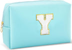 Gifts for Girls Initial Makeup Bag Personalized Cosmetic Bag with Zipper Cute Travel Toiletry Bag Waterproof PU Preppy Makeup Pouch Birthday Gift for Teen Girls Women(Blue Y)