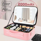 15''X11'' Large Capacity Makeup Bag with LED Mirror, Professional Makeup Case Organizer with 3 Color Light Adjustable Brightness, Travel Make up Cosmetic Case with Detachable Dividers & Shoulder Strap