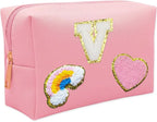 Personalized Inital Preppy Makeup Bag Set with Zipper, Monogram Waterproof Travel Cosmetic Bag for Women, Cute Preppy Patch Toiletry Bag for Traveling Outdoors, Gift Ideal for Christmas Thanksgiving